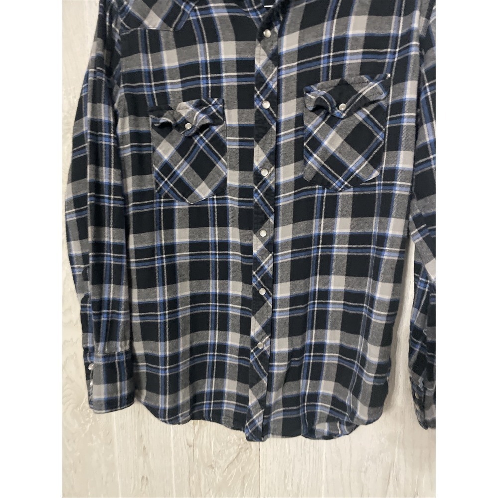 Wrangler Mens Shirt Medium Western‎ Pearl Snap black and Blue   Plaid